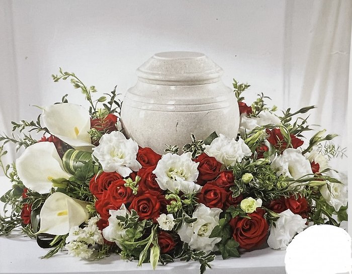 Red and White Urn Arrangement