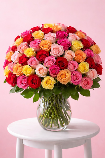 100 Premium Long Stem Multicolored Roses in a Vase